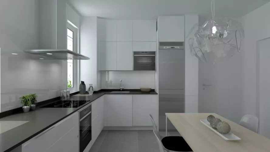 Madrid | Cocina Santos | Modelo Line L Laminado Seda Mate | Encimera Granito Sahara Night Pulido