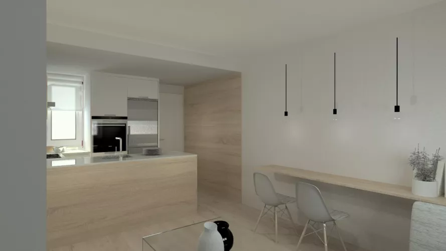 Aravaca | Cocina Santos | Modelo Line Estratificado Blanco y Roble | Encimera Compac Glaciar