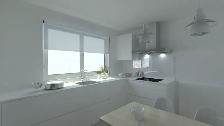 Cocina en laminado seda blanco modelo Santos Line con encimera blanca Silestone