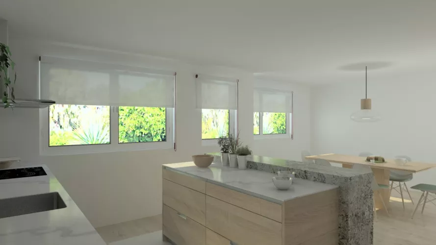 Aravaca | Cocina Santos | Modelo Minos Line Laminado Blanco y Roble Barrica | Encimera Dekton Blanco y Granito Lennon