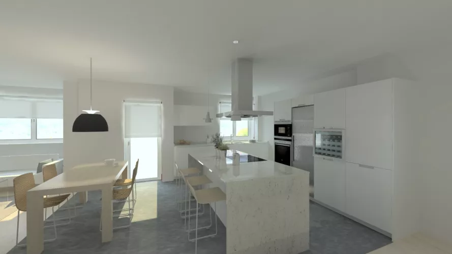 Aravaca | Cocina Santos | Modelo Minos Line Estratificado Gris Nube | Encimera Granito Warwick