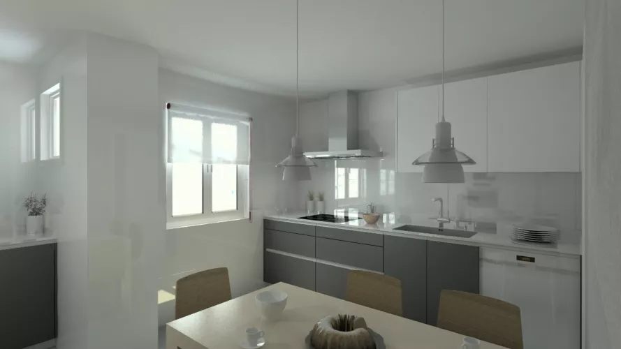 Aravaca | Cocina Santos | Modelo Line Laminado Seda Blanco y Estratificado Gris | Encimera Silestone Blanco