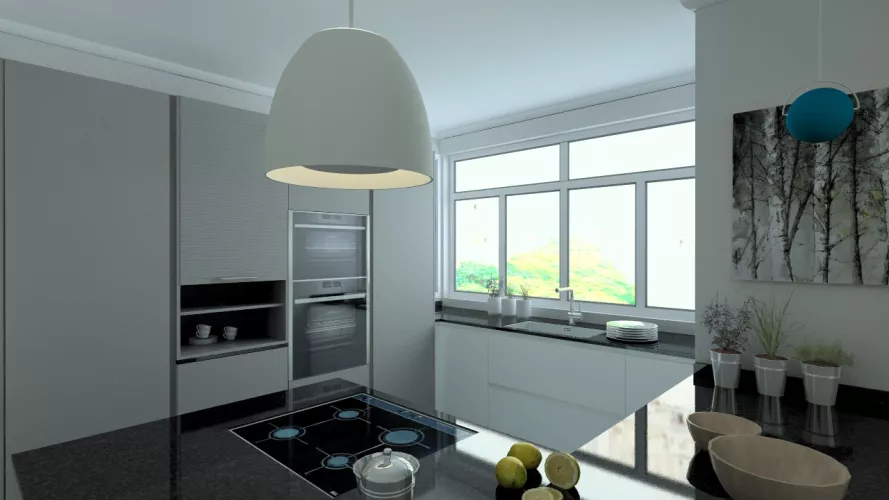 Aravaca | Cocina Santos | Modelo Line E 13 Blanco Sapporo Y Gris Vision | Encimera Granito Sahara Nights