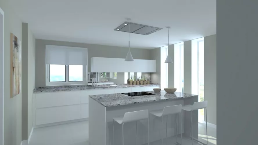 Cocina Santos | Modelo Line E13 Estratificado Blanco Innsbruck | Encimera Granito Naturamia Color Lennon Gold