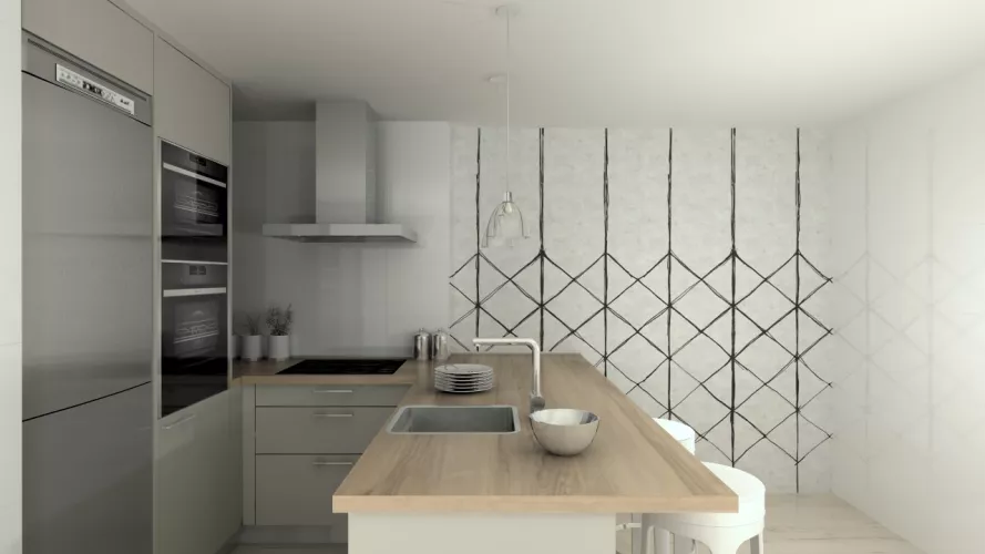 Madrid | Cocina Santos | Modelo Ariane Gris Arena | Encimera Laminada Olmo Claro