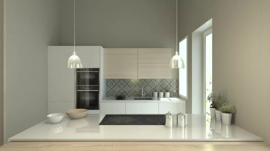 Aravaca | Cocina Santos | Modelo Line L Laminado Seda | Encimera Silestone Blanco