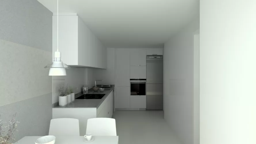 Aravaca | Cocina Santos | Modelo Minos Estratificado Blanco Perla | Encimera Compac Gris Plomo