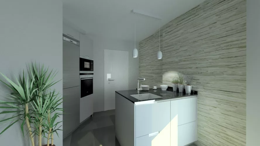 Aravaca | Cocinas Santos | Modelo Minos Line Gris Piedra | Encimera Granito Negro