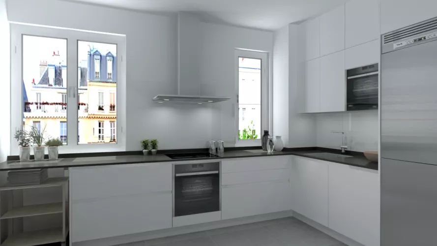 Madrid | Cocina Santos | Modelo Line L Laminado Seda Mate | Encimera Granito Sahara Night Pulido