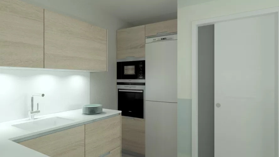 Aravaca | Cocina Santos | Modelo Minos Estratificado Roble Barrica | Encimera Silestone Blanco Suede