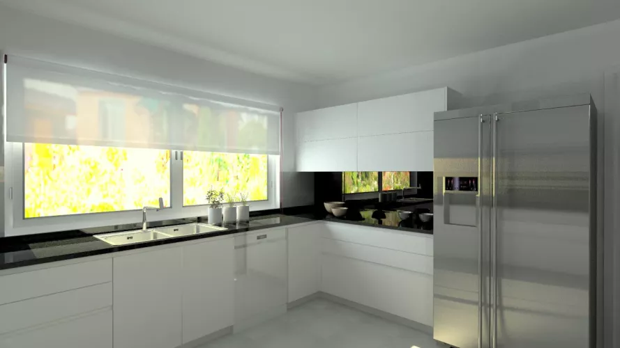 Aravaca | Cocina Santos | Modelo Line Laminado Seda Blanco | Encimera Granito Negro