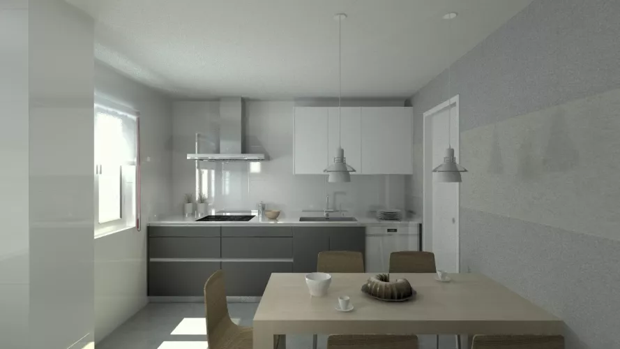 Aravaca | Cocina Santos | Modelo Line Laminado Seda Blanco y Estratificado Gris | Encimera Silestone Blanco