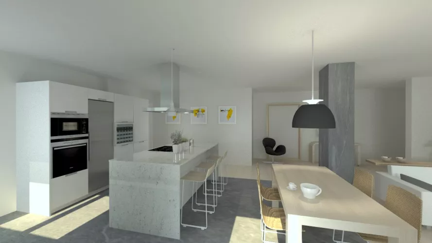 Aravaca | Cocina Santos | Modelo Minos Line Estratificado Gris Nube | Encimera Granito Warwick