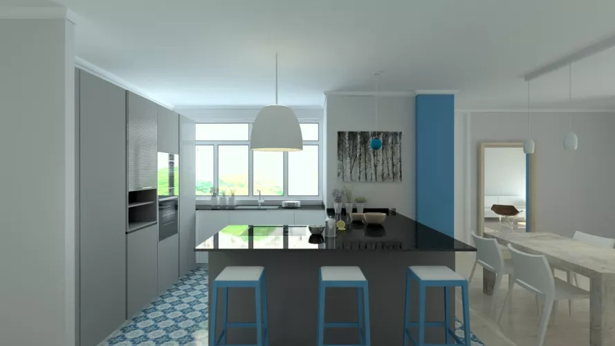 Aravaca | Cocina Santos | Modelo Line E 13 Blanco Sapporo Y Gris Vision | Encimera Granito Sahara Nights