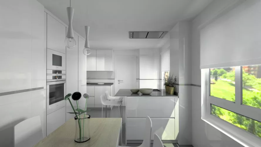 Cocina Santos Aravaca | Modelo Line E13 Estratificado Brillo Blanco Ártico | Encimera Silestone Cemento SPA