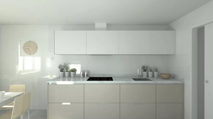 Cocina Santos | Modelo Minos Line-L Laminado Color Gris Arena y Gris C en Bajos y Muebles Altos Modelo Line-L Color Blanco Perla | Encimera Neolith Color Estatuario