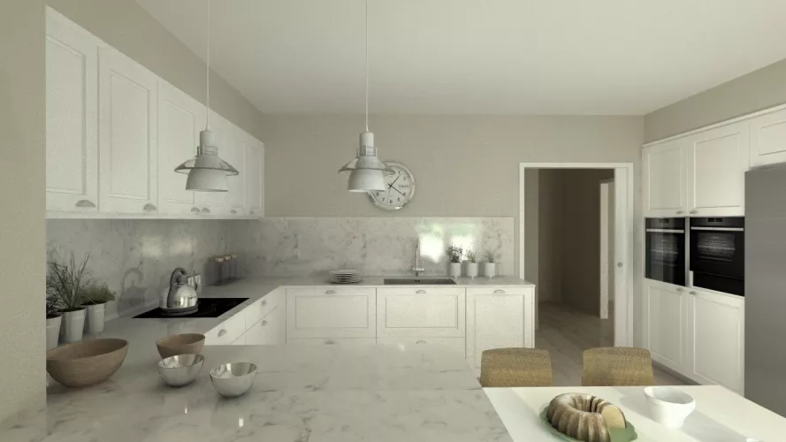 Aravaca | Cocina Santos | Modelo Epoca Laca Seda Blanca | Encimera Silestone Lagoon