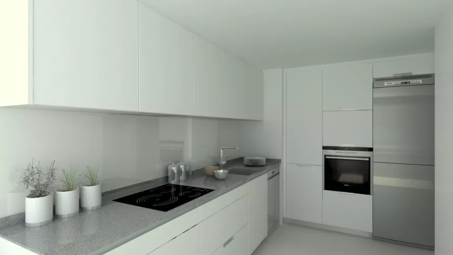 Aravaca | Cocina Santos | Modelo Minos Estratificado Blanco Perla | Encimera Compac Gris Plomo