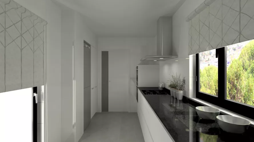 Aravaca | Cocina Santos | Modelo Line L Blanco Seda | Encimera Granito Negro