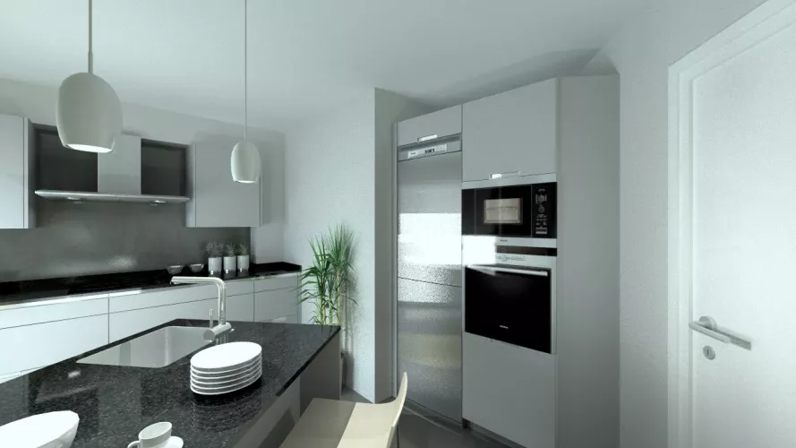 Aravaca | Cocinas Santos | Modelo Minos Line Gris Piedra | Encimera Granito Negro