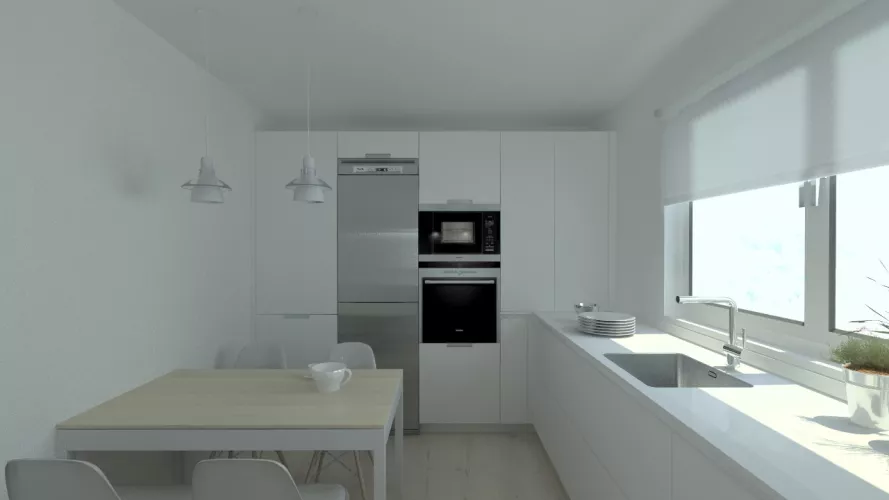 Cocina en laminado seda blanco modelo Santos Line con encimera blanca Silestone