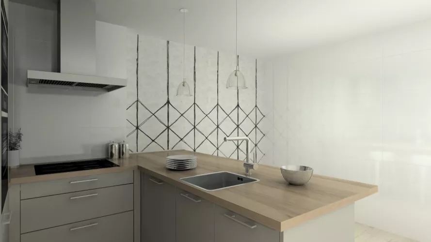 Madrid | Cocina Santos | Modelo Ariane Gris Arena | Encimera Laminada Olmo Claro