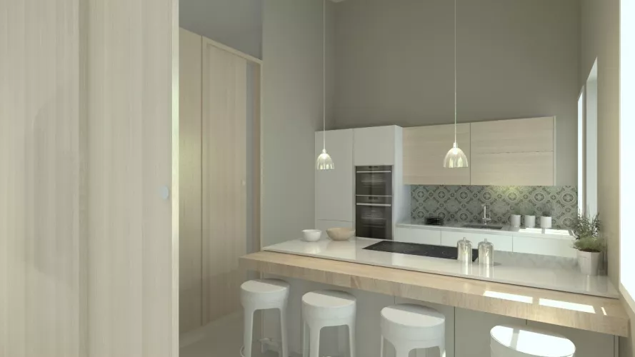 Aravaca | Cocina Santos | Modelo Line L Laminado Seda | Encimera Silestone Blanco