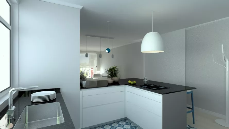 Aravaca | Cocina Santos | Modelo Line E 13 Blanco Sapporo Y Gris Vision | Encimera Granito Sahara Nights