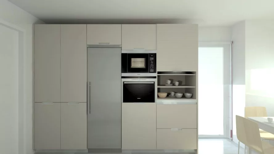 Cocina Santos | Modelo Minos Line-L Laminado Color Gris Arena y Gris C en Bajos y Muebles Altos Modelo Line-L Color Blanco Perla | Encimera Neolith Color Estatuario