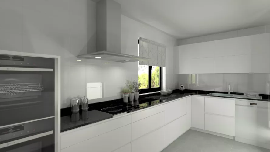 Aravaca | Cocina Santos | Modelo Line L Blanco Seda | Encimera Granito Negro