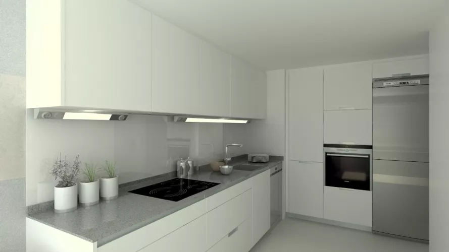 Aravaca | Cocina Santos | Modelo Minos Estratificado Blanco Perla | Encimera Compac Gris Plomo