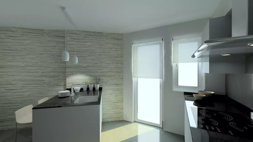 Aravaca | Cocinas Santos | Modelo Minos Line Gris Piedra | Encimera Granito Negro