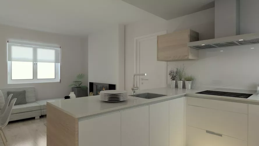 Aravaca | Cocina Santos | Modelo Line Estratificado Blanco y Roble | Encimera Compac Glaciar