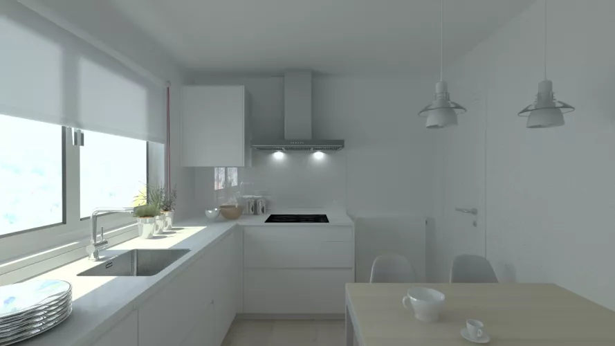 Cocina en laminado seda blanco modelo Santos Line con encimera blanca Silestone