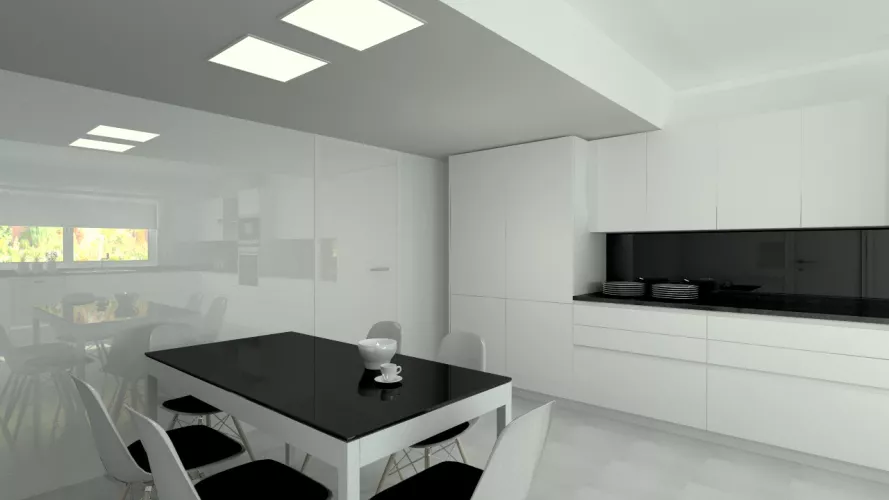 Aravaca | Cocina Santos | Modelo Line Laminado Seda Blanco | Encimera Granito Negro