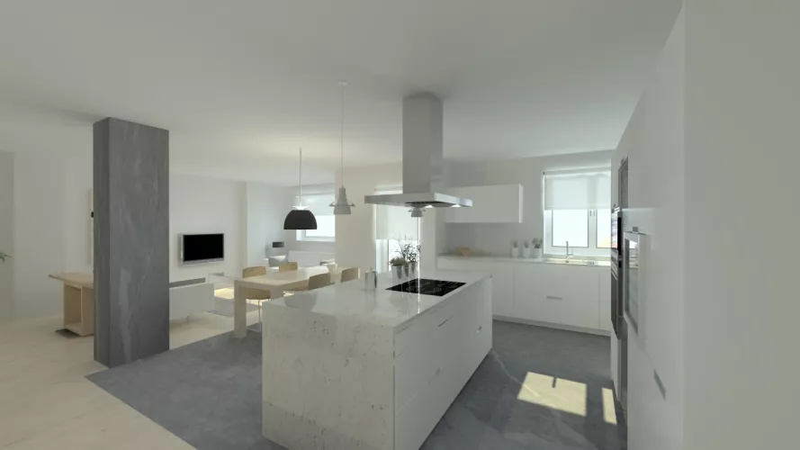 Aravaca | Cocina Santos | Modelo Minos Line Estratificado Gris Nube | Encimera Granito Warwick