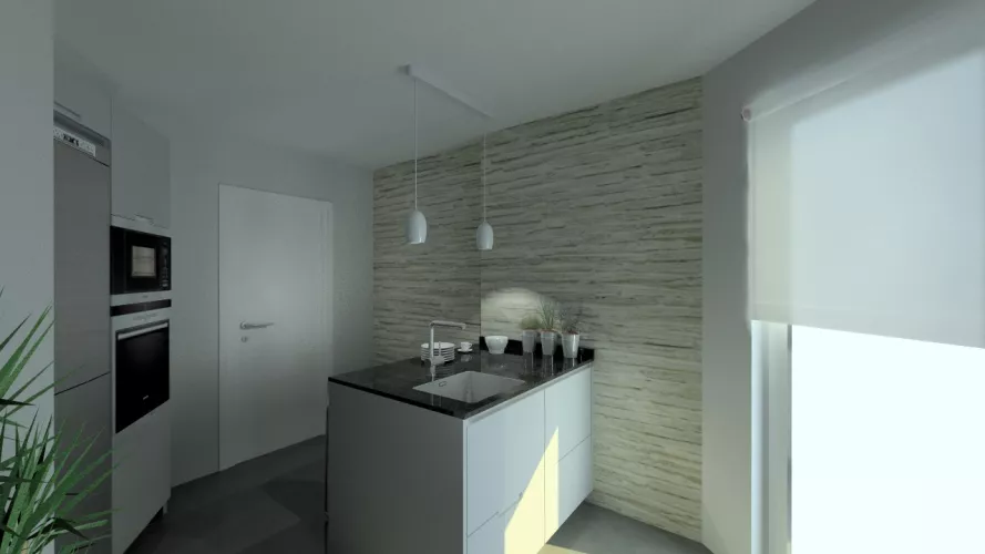 Aravaca | Cocinas Santos | Modelo Minos Line Gris Piedra | Encimera Granito Negro