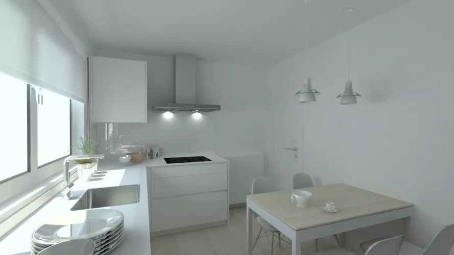 Cocina en laminado seda blanco modelo Santos Line con encimera blanca Silestone