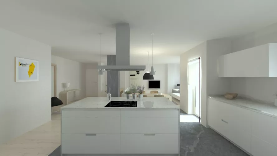 Aravaca | Cocina Santos | Modelo Minos Line Estratificado Gris Nube | Encimera Granito Warwick