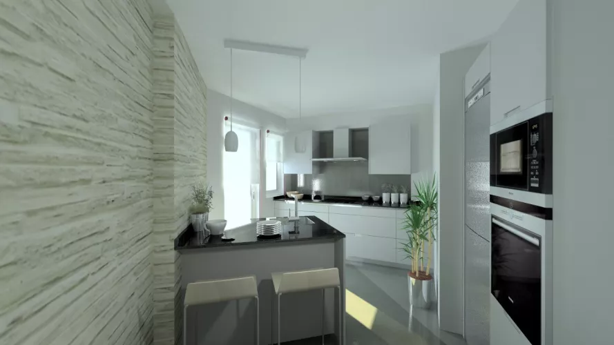 Aravaca | Cocinas Santos | Modelo Minos Line Gris Piedra | Encimera Granito Negro