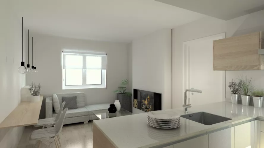 Aravaca | Cocina Santos | Modelo Line Estratificado Blanco y Roble | Encimera Compac Glaciar