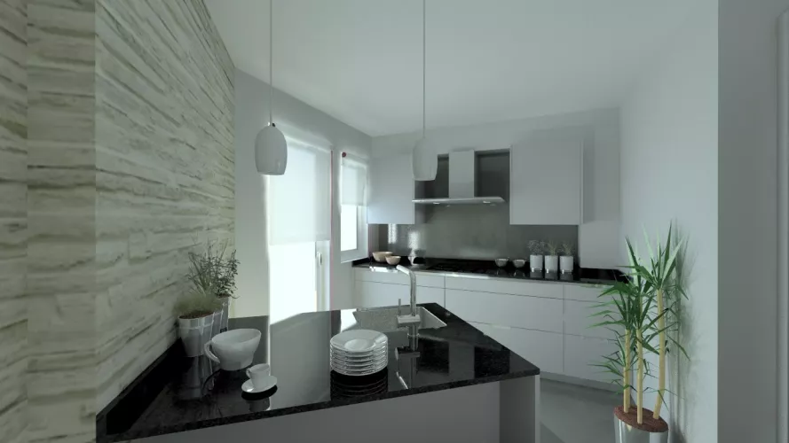 Aravaca | Cocinas Santos | Modelo Minos Line Gris Piedra | Encimera Granito Negro