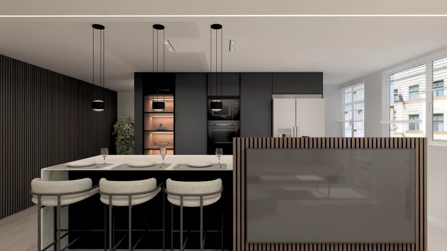 Cocina contemporánea en negro y mármol