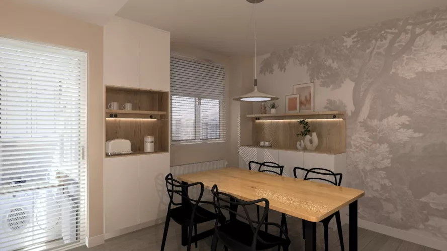 Cocina moderna con tonos suaves y madera natural: calidez y funcionalidad en equilibrio