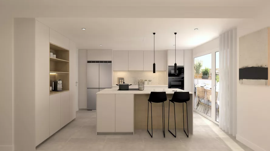 Cocina abierta con isla, pensada para conectar luz, orden y convivencia