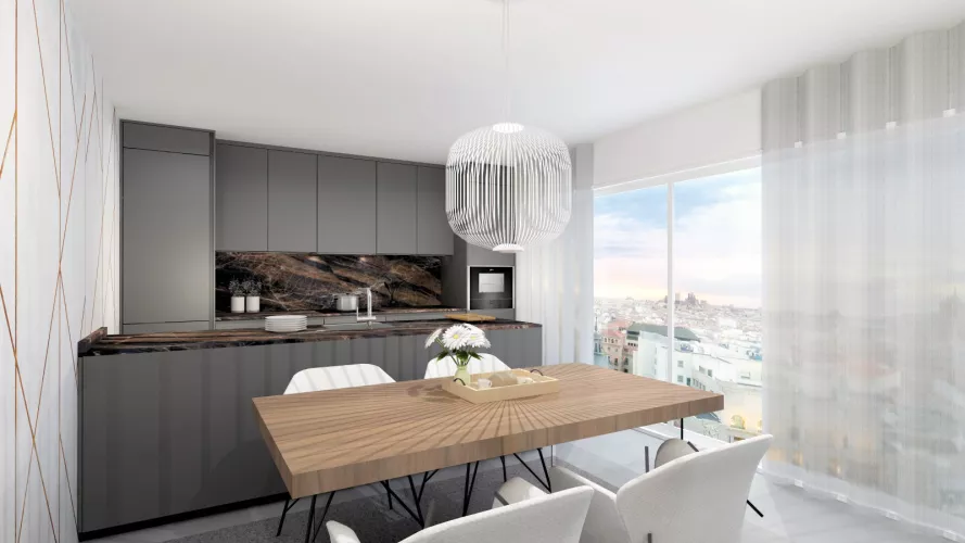 Cocina Santos Plataforma D en Gris Antracita Seda, antihuella con isla central y office integrado