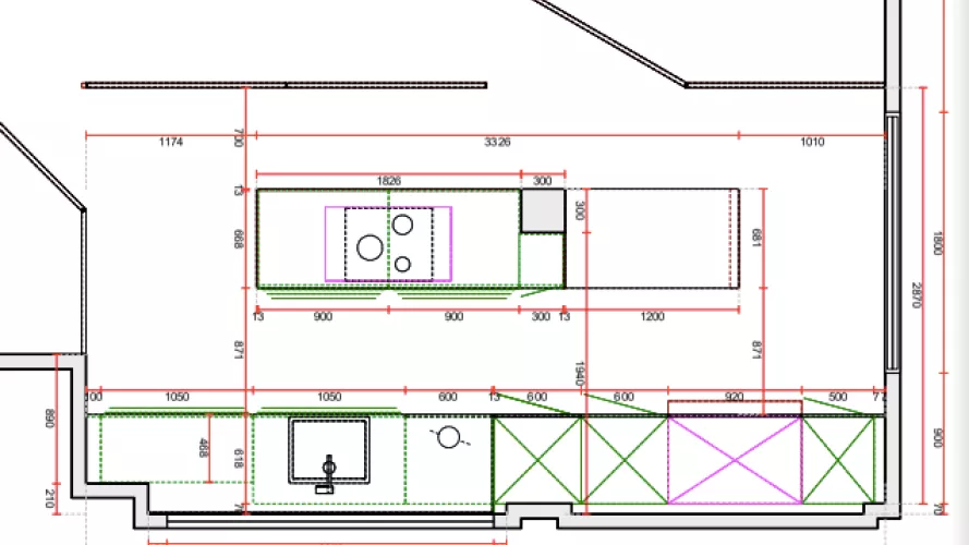 Plano Cocina Santos negra con isla abierta al salón