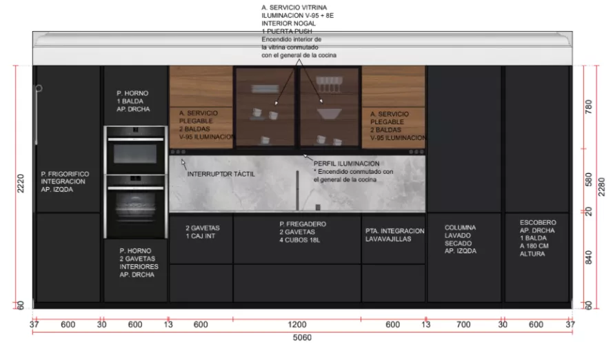 Plano Cocina Santos negra con isla