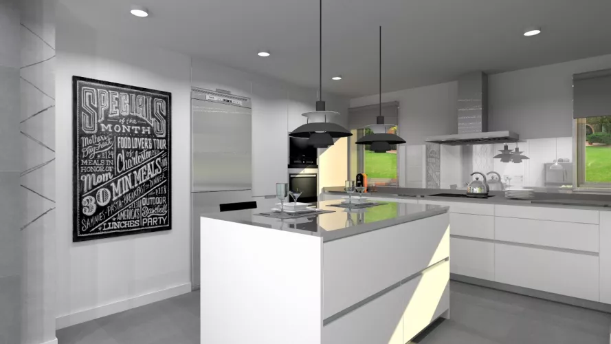 Aravaca | Cocina Santos | Modelo Line y  Minos Estratificado Blanco Seff | Encimera Silestone Marengo