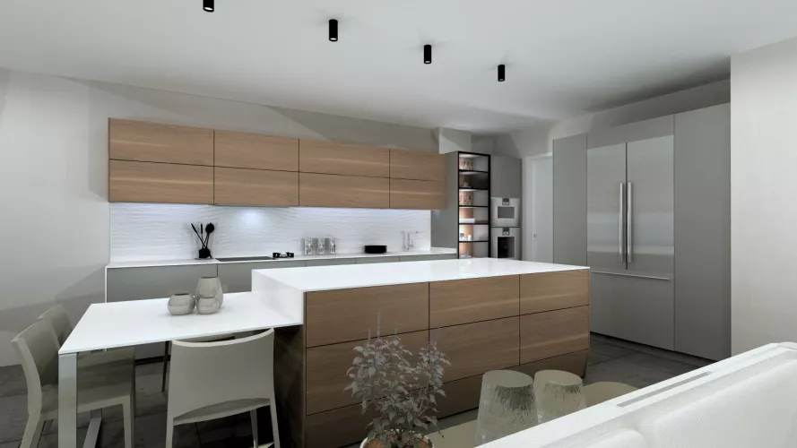 Cocina Santos Plataforma E en Blanco Innsbruck, abierta al salón con luz natural